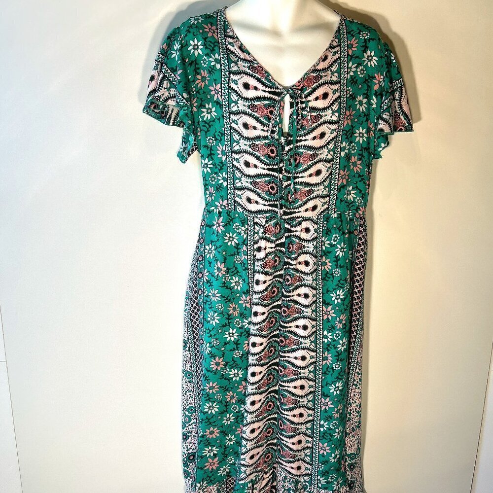 Suzanne Betro SZ 2X Green & Pink Maxi Dress Boho 70's Peasant Romantic Cottage